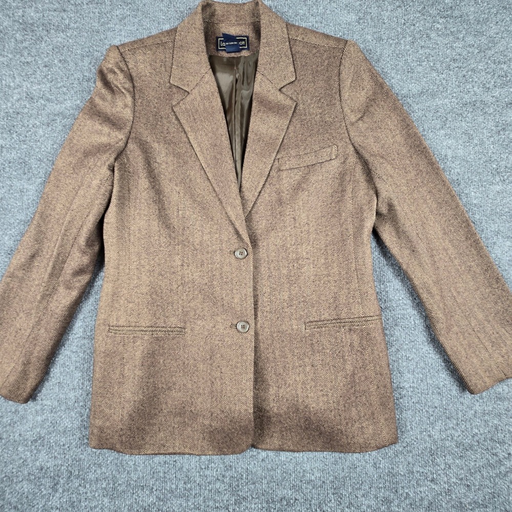 Laura Scott Herringbone Blazer Womens 12 Brown Wool Blend Two Button Jacket